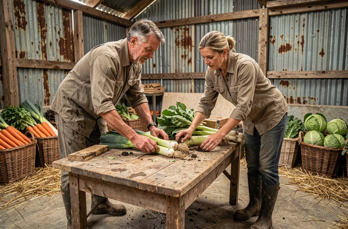 Deux agriculteurs triant des légumes biologiques récoltés sur une table en bois dans une grange rustique