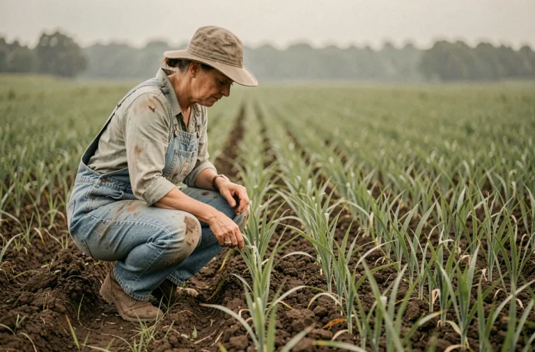 Agricultrice inspectant des jeunes plants de blé dans un champ cultivé, tendances agricoles modernes
