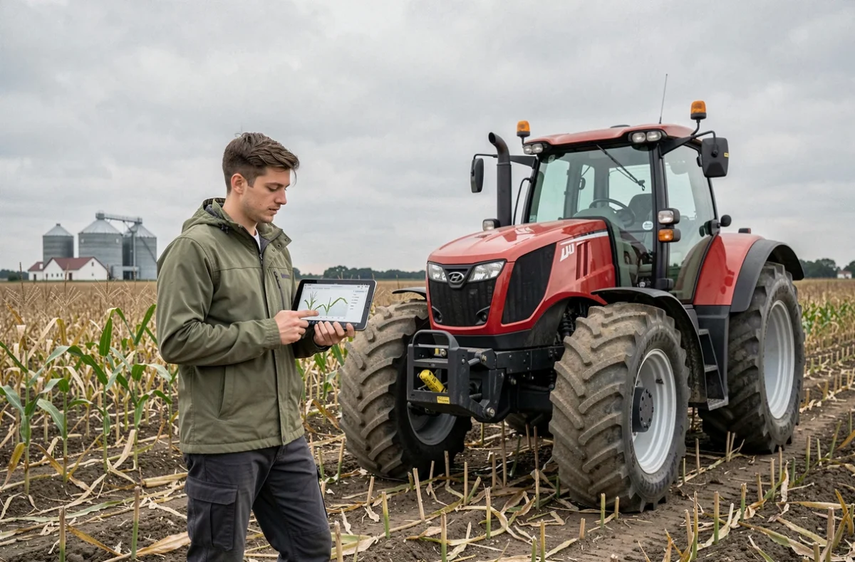 Agronome utilisant une tablette numérique aux côtés d'un tracteur autonome moderne dans un champ agricole