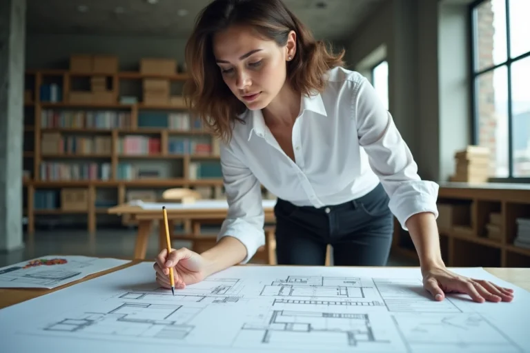 Architecte professionnelle analysant des plans techniques dans un studio d'architecture moderne avec maquettes et grandes baies vitrées