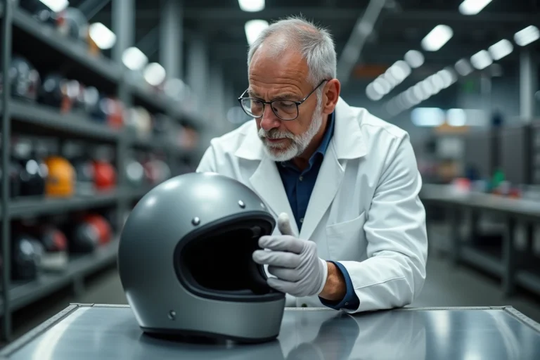 Artisan expert inspectant un casque moto BMW haut de gamme dans une usine de fabrication allemande