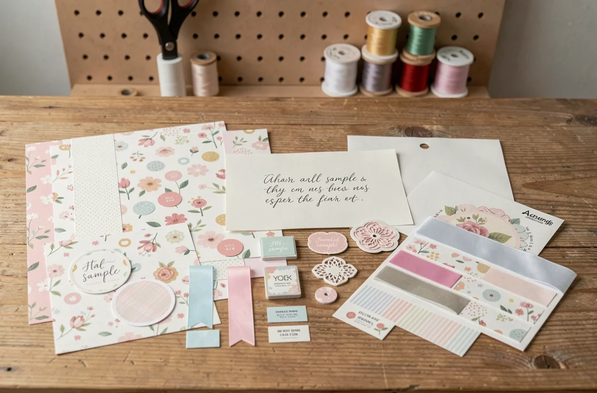 Assortiment d'échantillons gratuits de scrapbooking étalés sur un bureau de loisirs créatifs