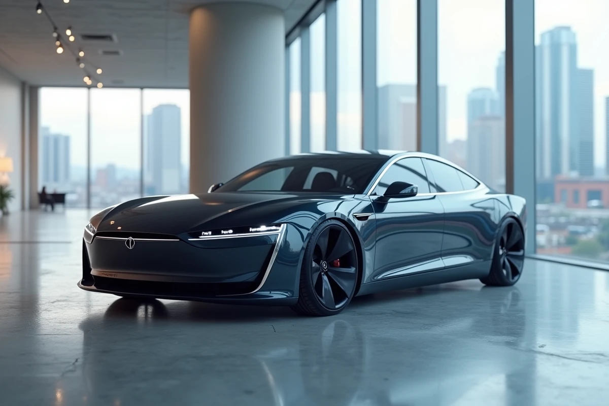 Berline électrique bleu nuit exposée dans un showroom moderne avec sol en béton poli et vue sur la ville, tendances automobiles 2024