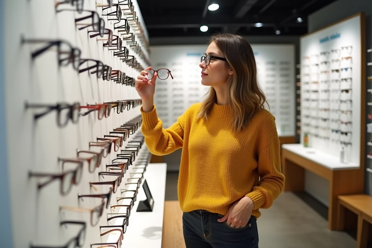 Cliente comparant deux montures de lunettes devant un mur d'exposition dans un magasin opticien agréé Crédit Mutuel