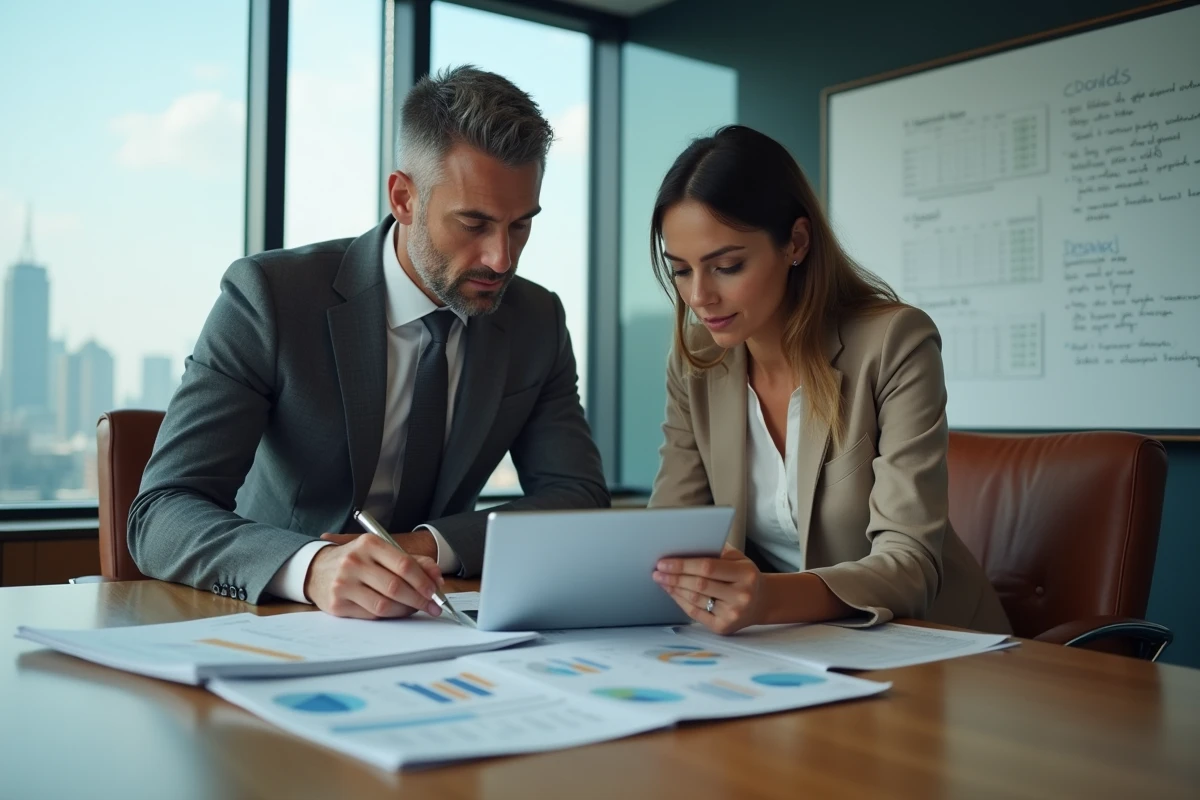 Deux professionnels collaborant sur la gestion des créances clients lors d'une réunion en salle de conférence