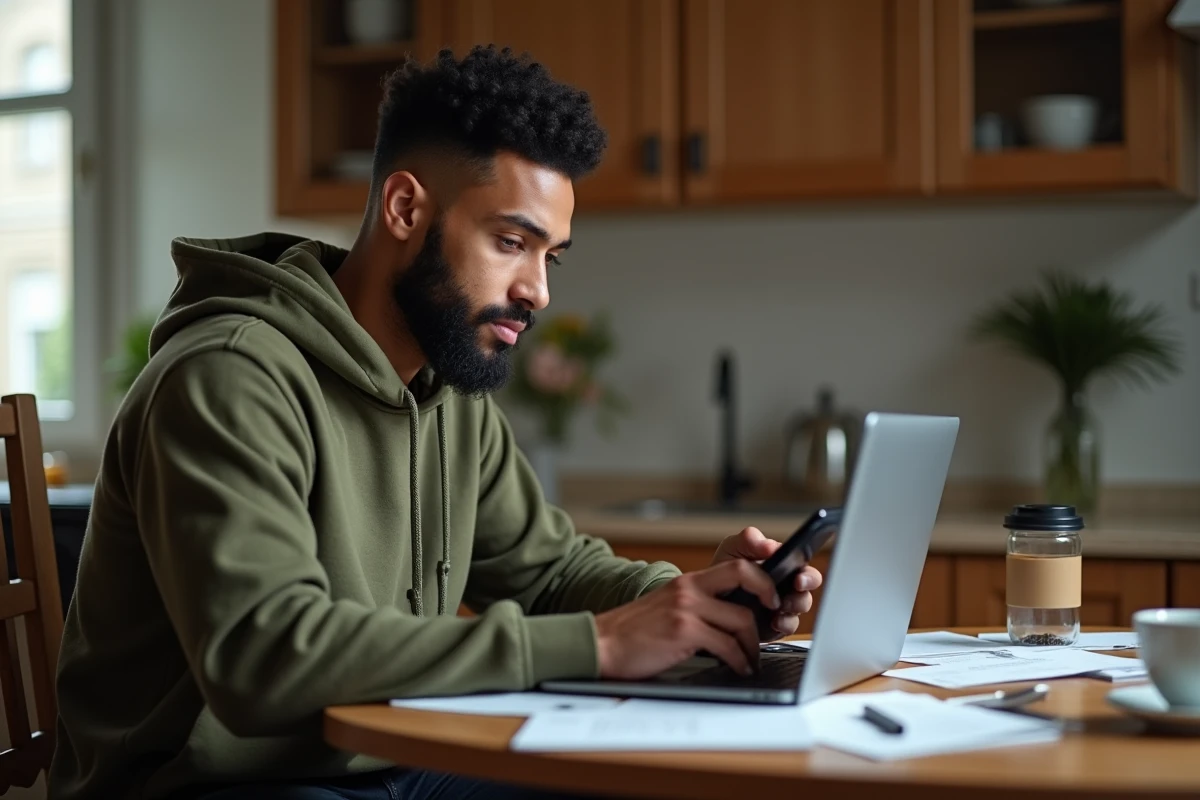 Jeune homme comparant les tarifs et frais Western Union en ligne depuis son appartement à Paris