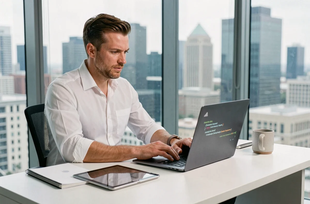Consultant informatique travaillant sur des solutions cloud innovantes dans un bureau moderne avec vue sur la ville pour booster la performance entreprise
