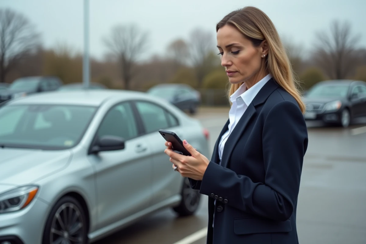 Femme consultant son téléphone pour vérifier la déclaration de vente de sa voiture