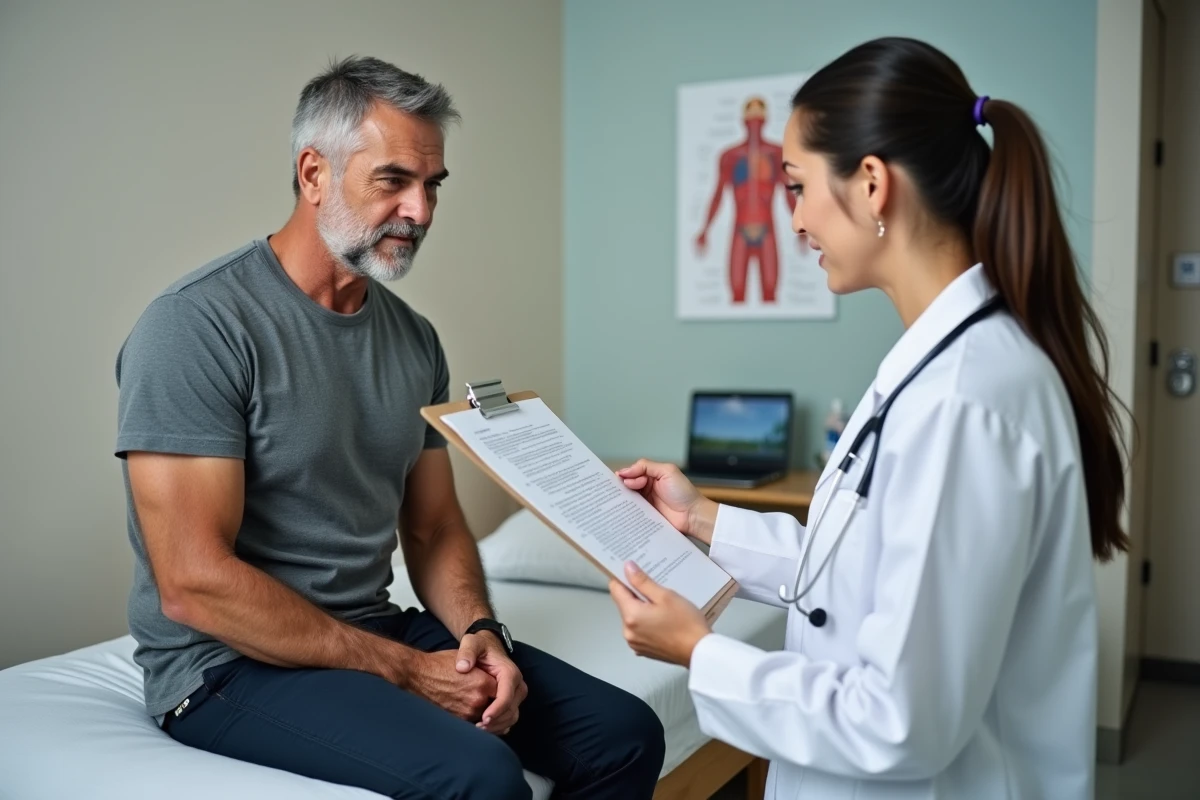 Médecin expliquant les résultats d'une analyse sanguine à un patient lors d'une consultation pour granulocytose