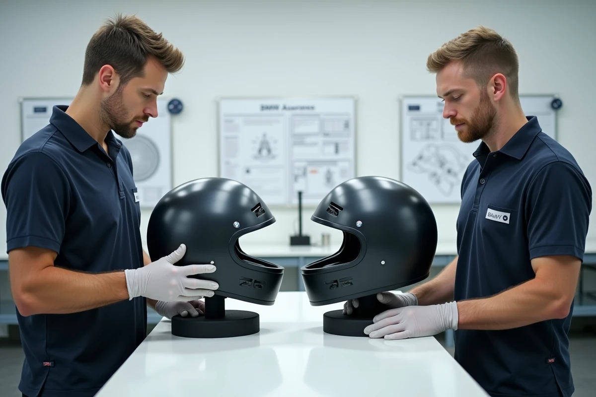 Techniciens en contrôle qualité comparant deux casques moto BMW haut de gamme en laboratoire
