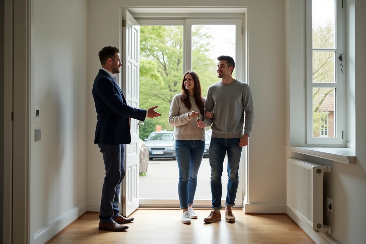 Couple de jeunes acheteurs recevant les clés de leur nouvel appartement rénové avec un agent immobilier en 2024