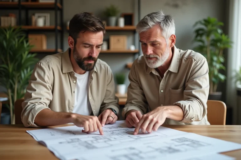 Couple étudiant des plans immobiliers sur une table en bois dans un appartement moderne, projet d'achat immobilier