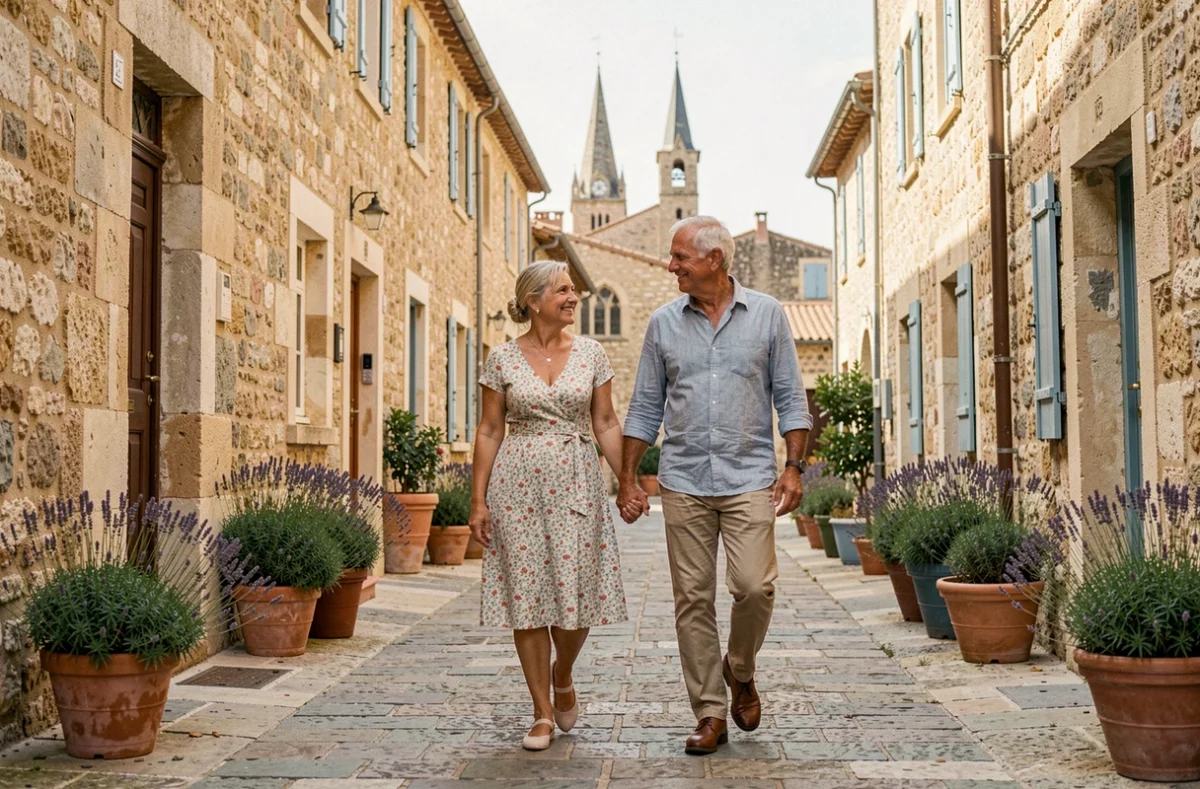 Couple de seniors se promenant main dans la main dans une rue pittoresque d'un village provençal
