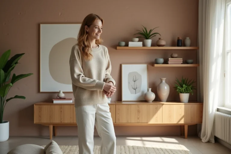 Femme arrangeant des vases en céramique dans un salon moderne