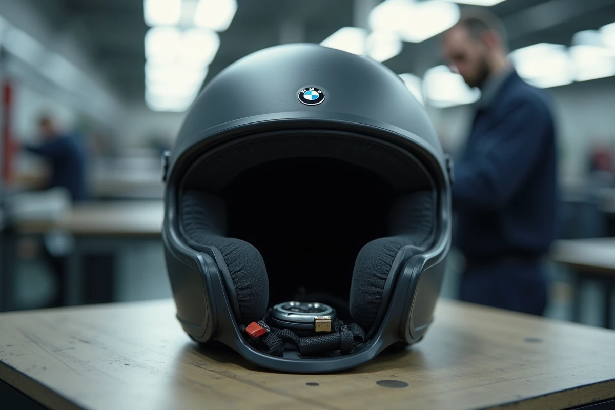 Détail de l'assemblage intérieur d'un casque moto BMW premium avec mousse EPS et rembourrage cousu main