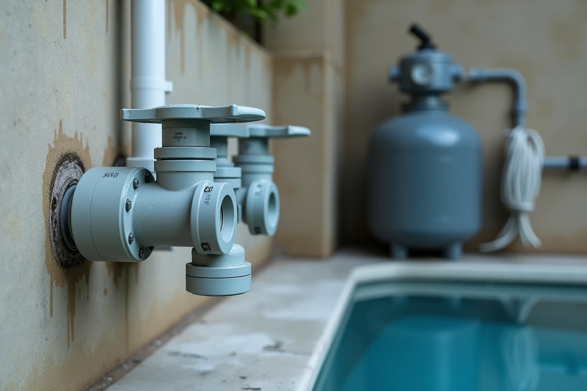 Détail des vannes d'isolement et de la prise balai sur un circuit de filtration de piscine en PVC