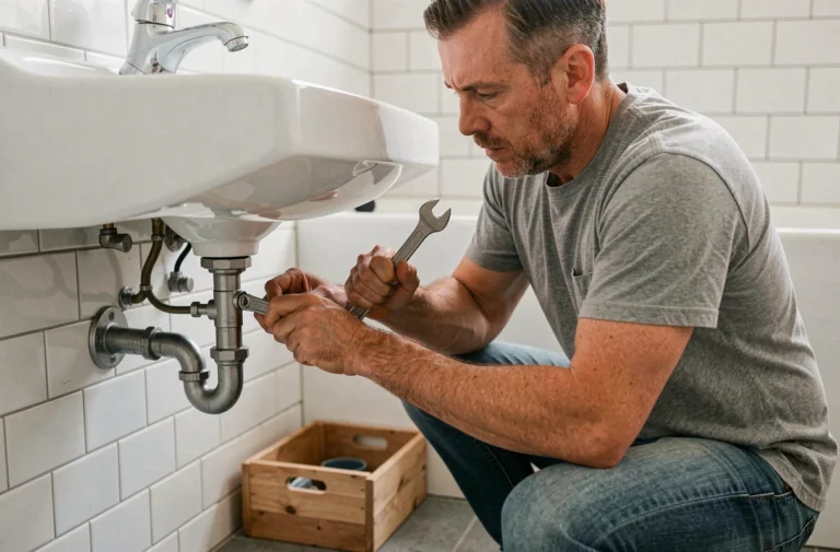 Plombier utilisant une clé à lavabo pour dévisser un écrou de vidange sous un évier de salle de bain