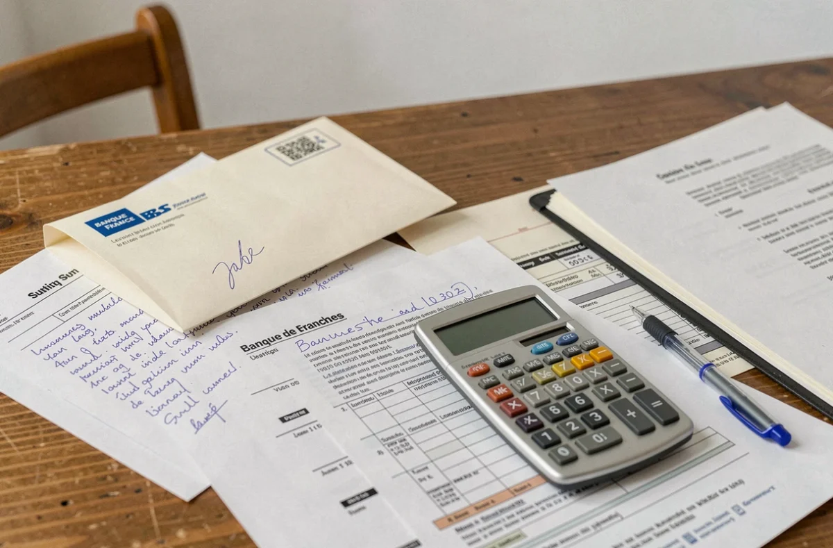 Gros plan sur un bureau avec des documents administratifs organisés pour constituer un dossier de surendettement auprès de la Banque de France
