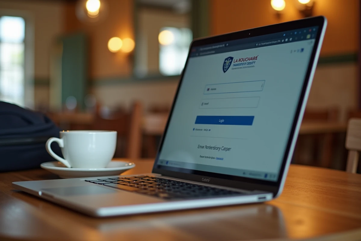 Écran d'ordinateur portable affichant la page de connexion à l'ENT de La Rochelle dans un café étudiant