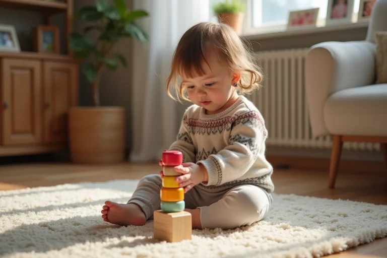 Petite fille joue avec des blocs en bois colorés dans un salon chaleureux
