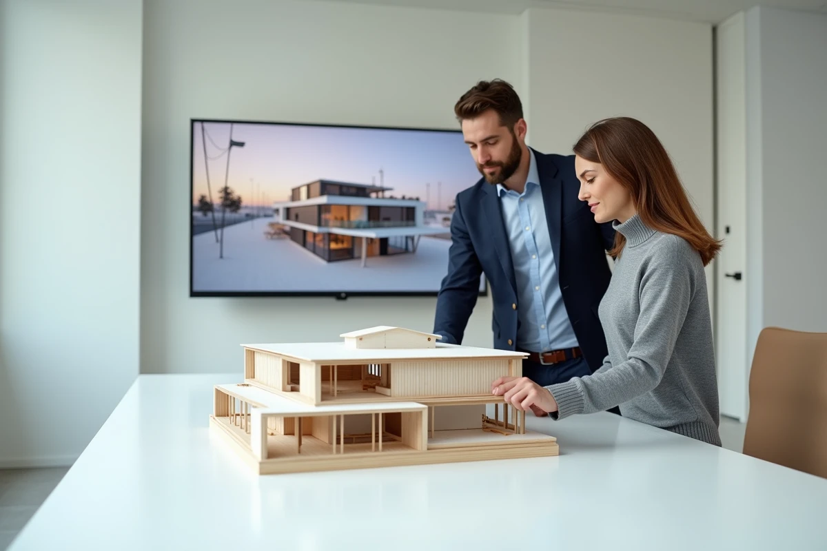 Deux architectes collaborant autour d'une maquette résidentielle dans une salle de réunion moderne et épurée