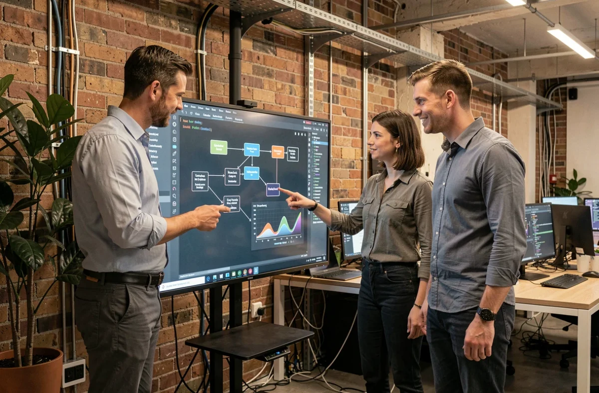 Équipe de développeurs collaborant sur une architecture logicielle innovante pour améliorer la performance informatique d'une entreprise