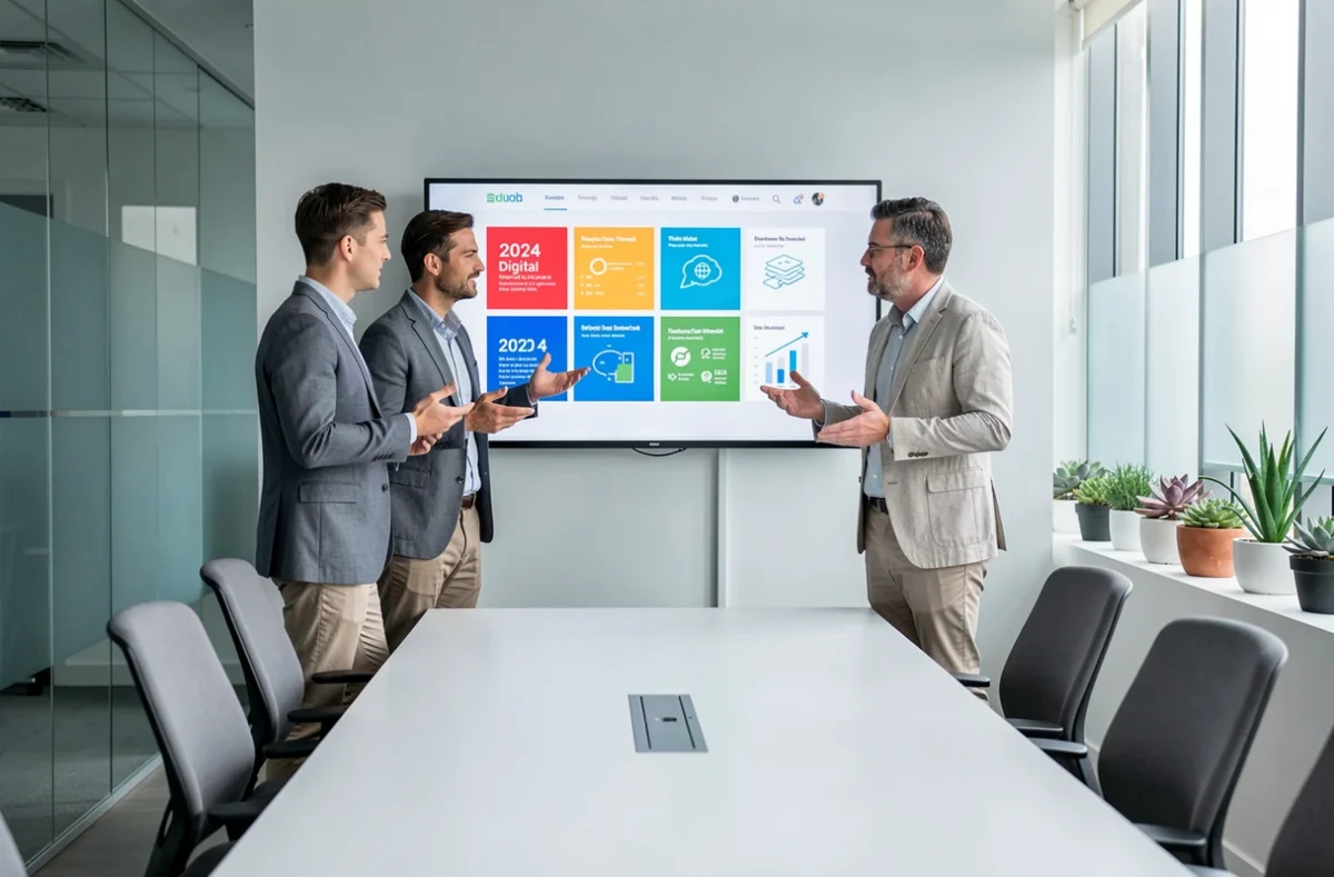 Équipe de professionnels analysant les tendances numériques et actualités web 2024 sur un écran interactif en salle de réunion