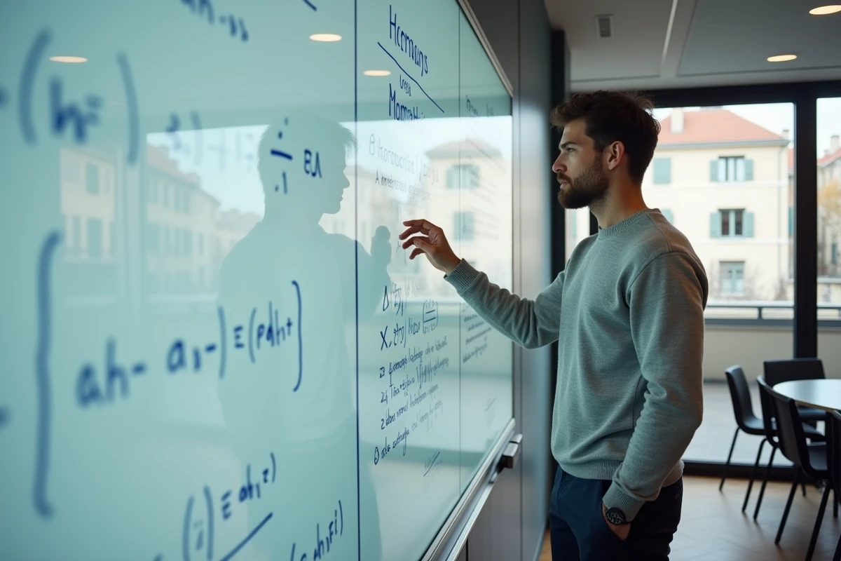 Étudiant expliquant des équations de calcul stochastique au tableau dans une salle de cours d'école d'ingénieurs parisienne