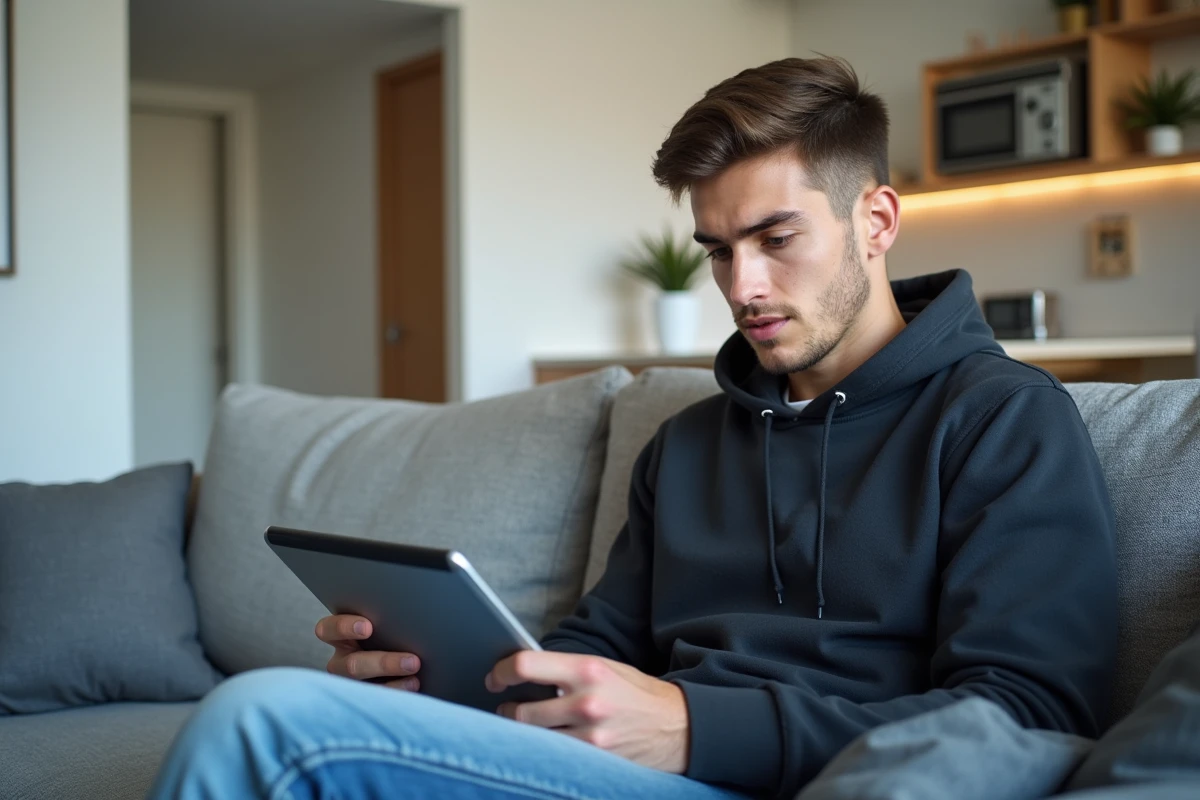 Étudiant masculin se connectant à l'ENT universitaire de La Rochelle via une tablette dans son appartement