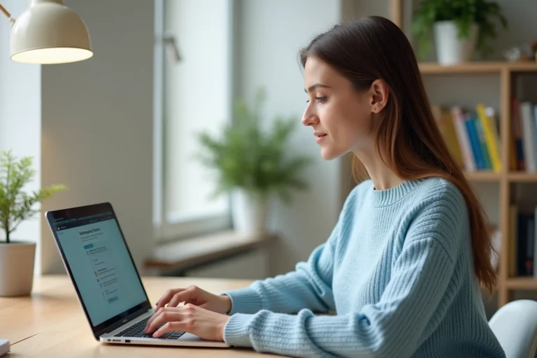 Étudiante accédant à l'ENT de La Rochelle depuis son bureau à domicile sur un ordinateur portable