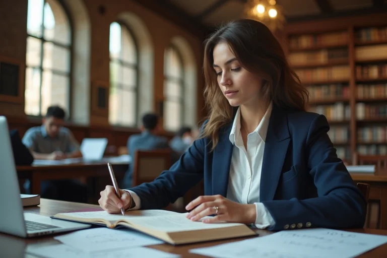 Étudiante en master El Karoui travaillant dans une bibliothèque universitaire avec des manuels de mathématiques financières