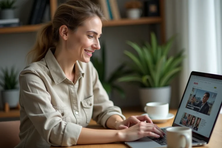 Femme consultant l'actualité en ligne sur son ordinateur portable dans un bureau à domicile moderne