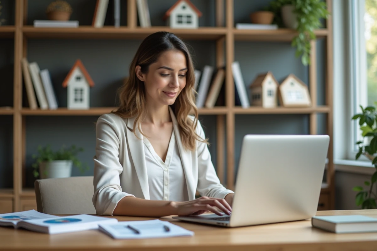 Femme en bureau moderne consultat des annonces immobilières