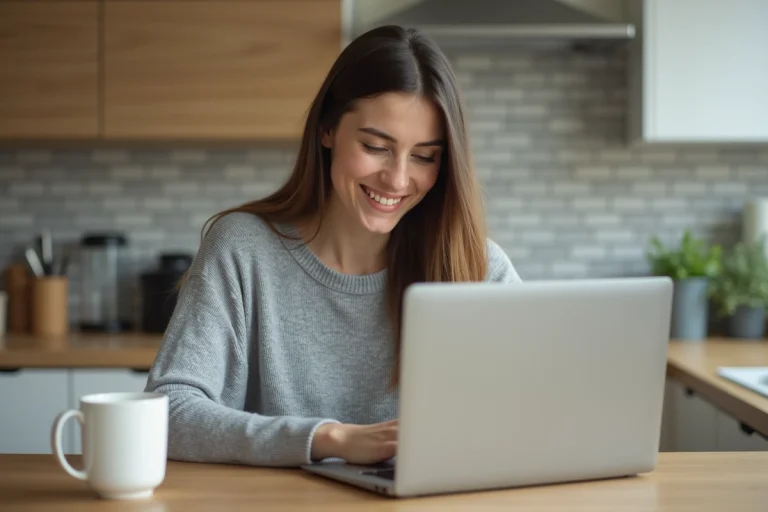 Femme souriante travaillant sur son ordinateur à la maison