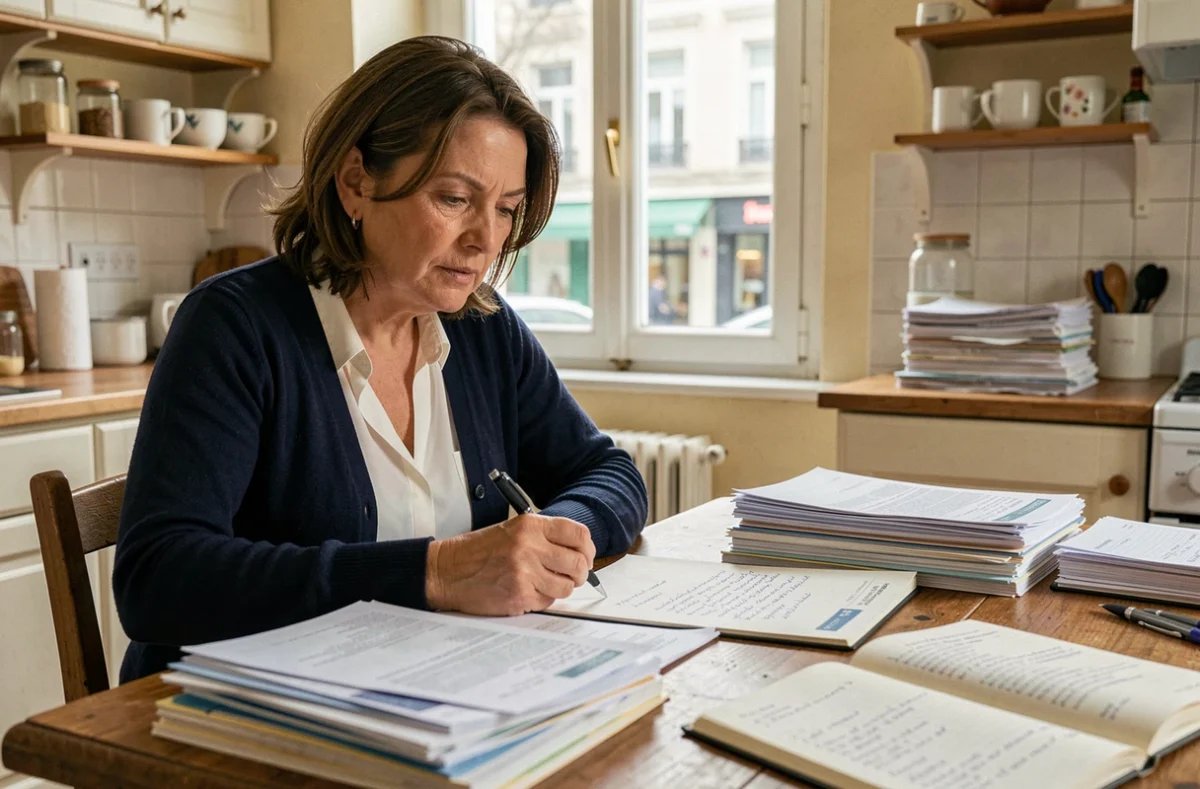 Femme d'une cinquantaine d'années organisant ses documents financiers pour constituer un dossier de surendettement à la table de sa cuisine