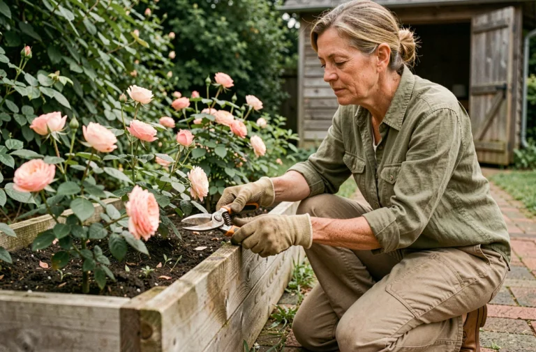 Femme jardiniére utilisant un sécateur professionnel pour tailler des rosiers dans un jardin avec parterre surélevé en bois