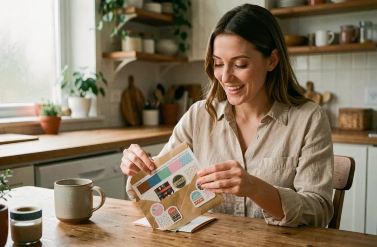 Femme ouvrant une enveloppe d'échantillons de scrapbooking gratuits reçus par courrier à la maison