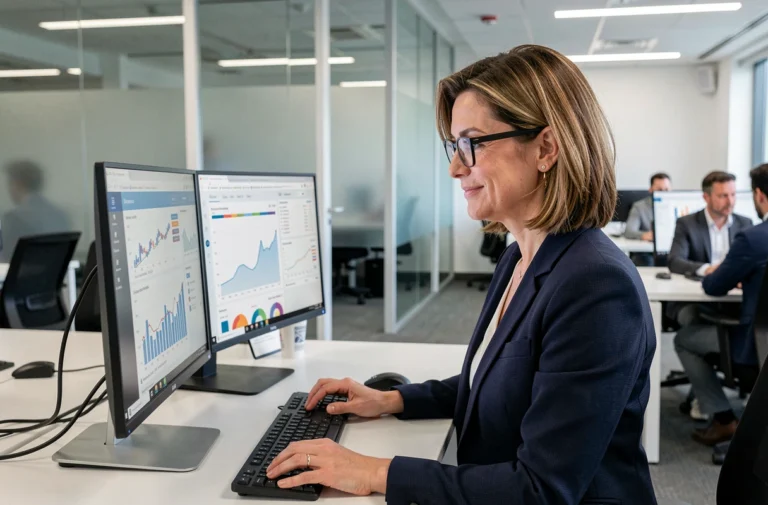 Professionnelle analysant des tableaux de bord numériques sur deux écrans dans un bureau moderne pour optimiser la performance de son entreprise