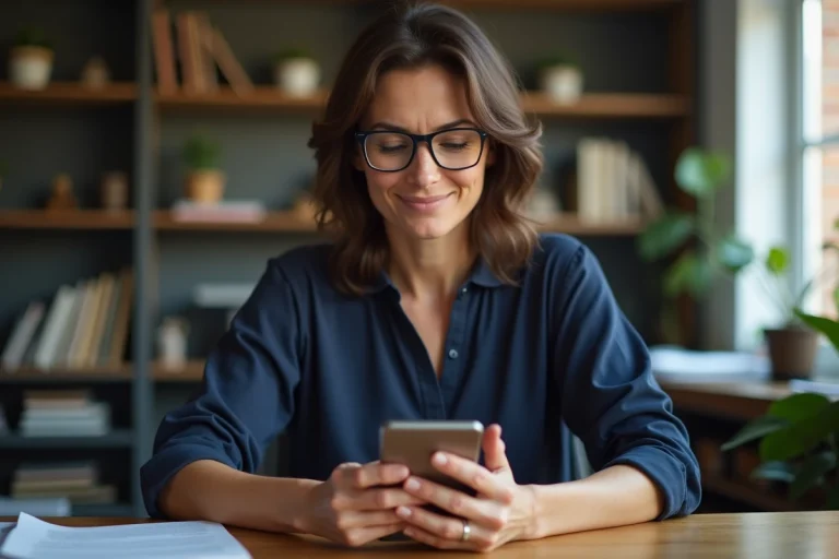 Femme consultant un annuaire inversé sur son smartphone depuis un bureau à domicile