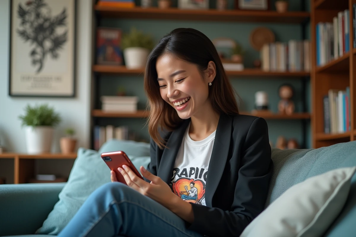 Jeune femme souriante avec smartphone dans un salon cosy