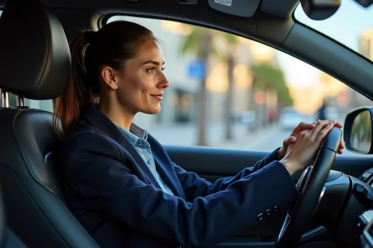 Jeune femme en ville utilisant un SUV moderne