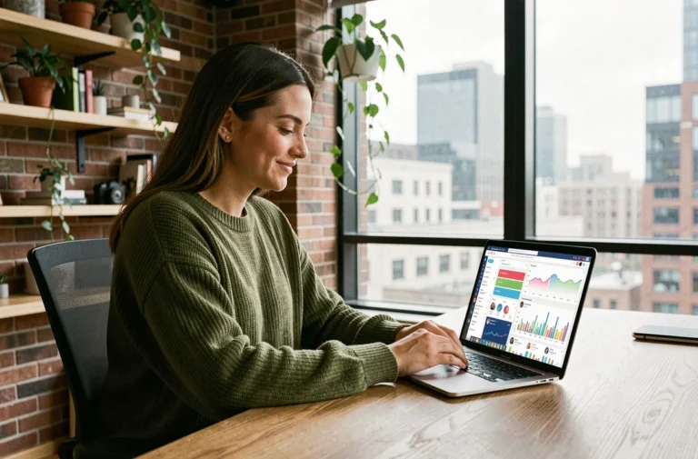Jeune femme consultant les dernières tendances numériques et actualités web sur un ordinateur portable dans un bureau moderne