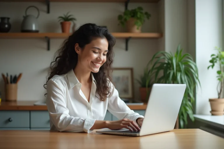 Jeune femme professionnelle utilisant un ordinateur dans sa cuisine