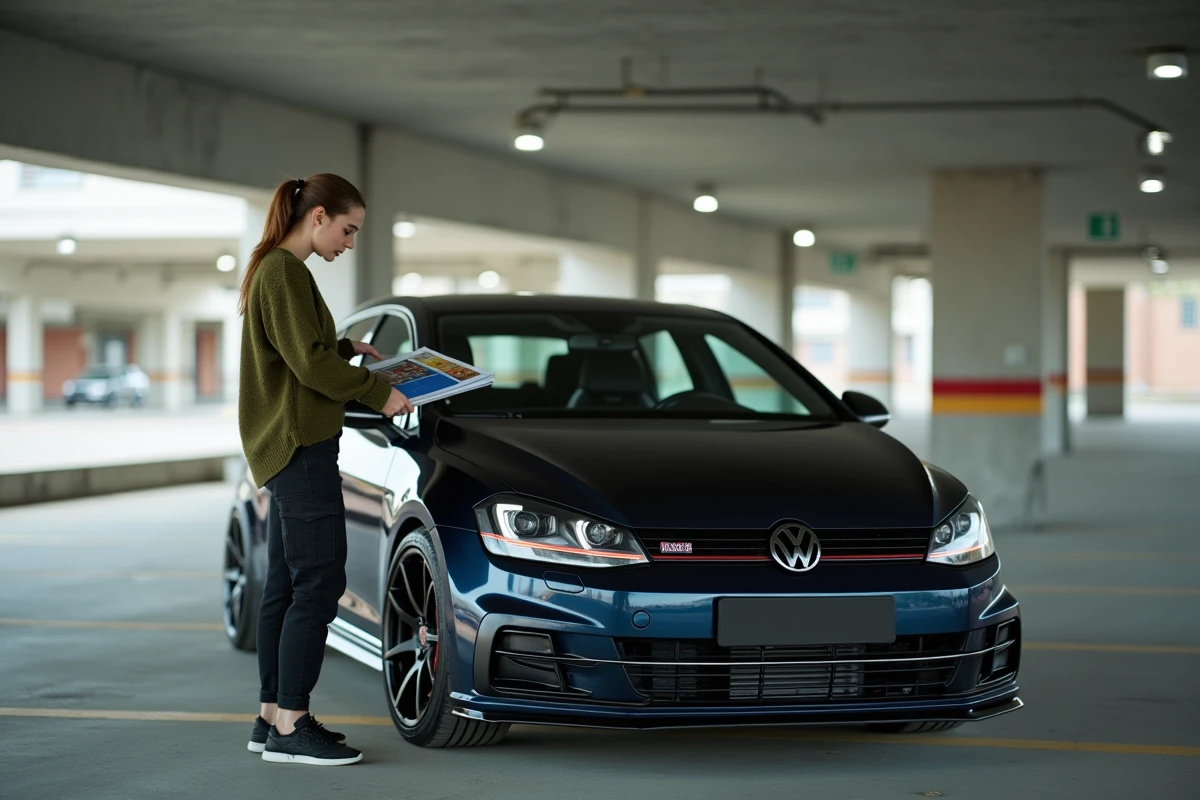 Femme examinant un catalogue de vinyles pour voiture