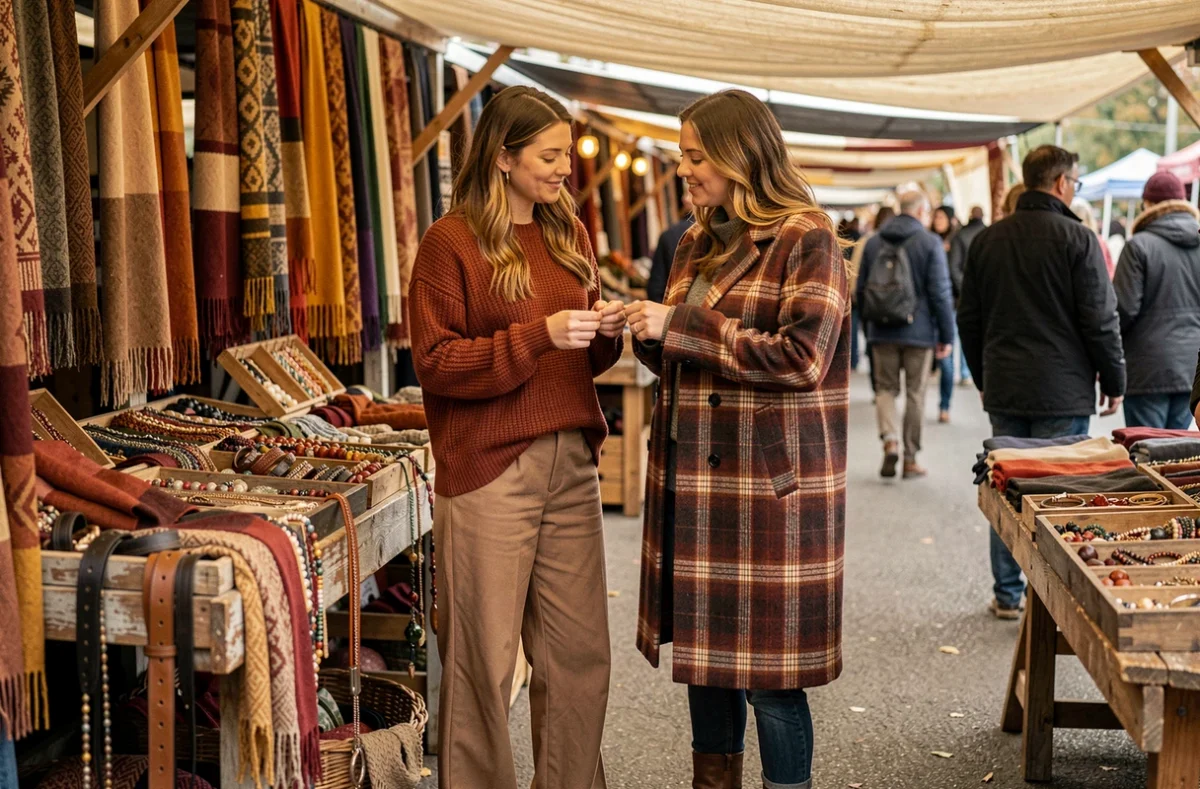 Deux femmes comparant des accessoires de mode sur un marché en plein air, entourées de foulards et bijoux tendance de la saison
