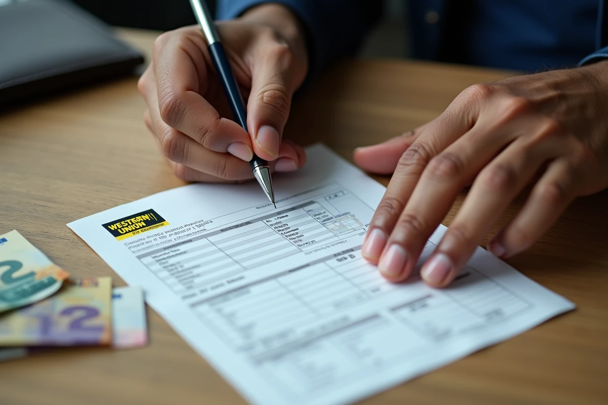 Gros plan sur un formulaire de transfert Western Union rempli à la main avec des billets en euros visibles