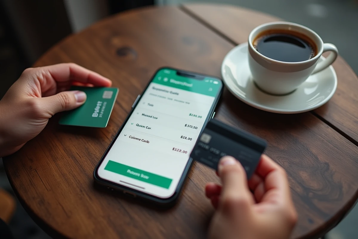 Gros plan d'un smartphone affichant une page de confirmation d'achat en ligne avec carte bancaire sur table en bois