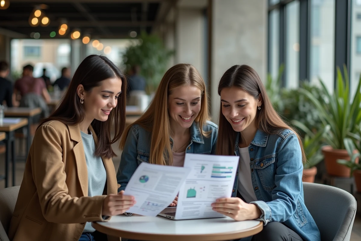 Groupe d'étudiants en master El Karoui révisant ensemble des études de cas financières dans un espace commun de campus