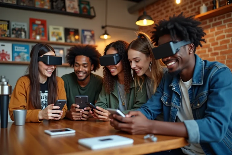 Groupe de jeunes adultes avec gadgets dans un café moderne