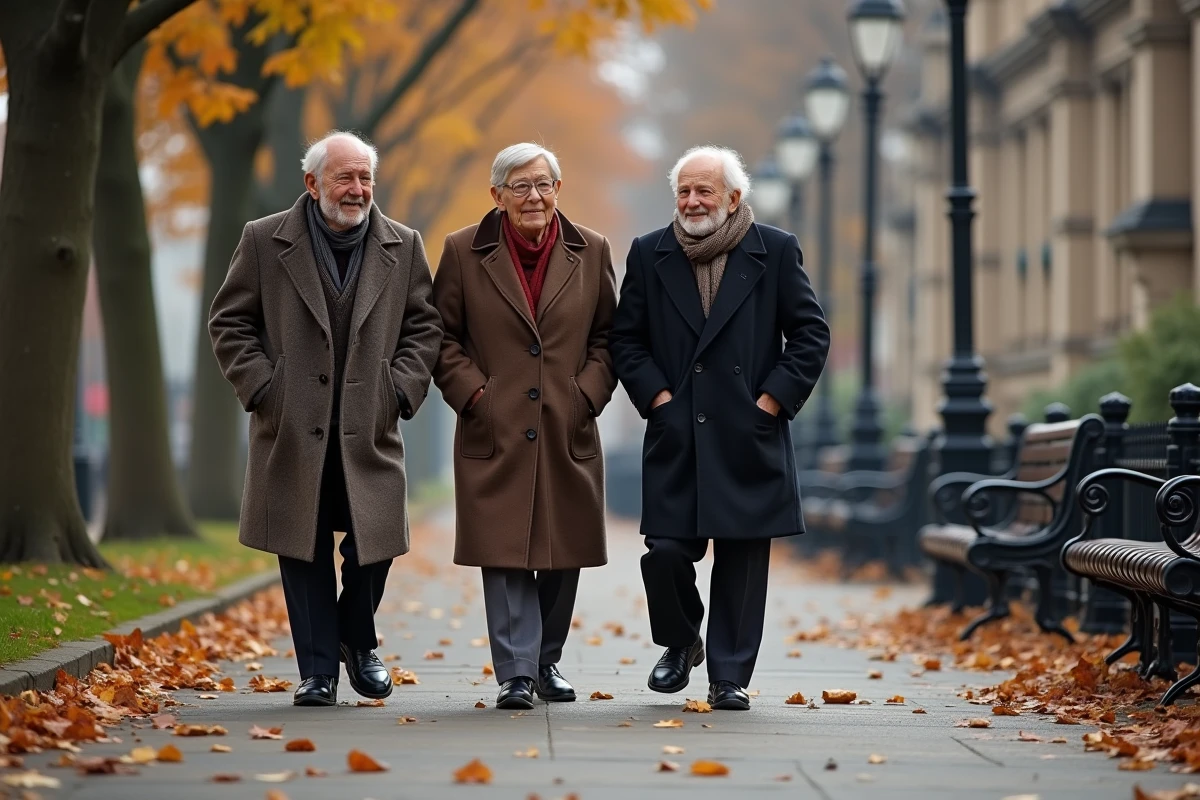 Groupe de seniors se promenant dans un parc urbain